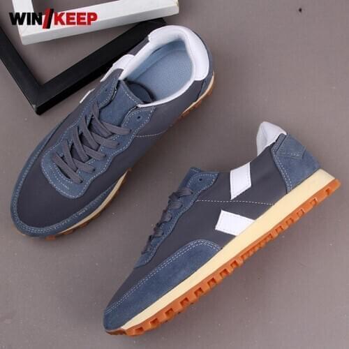 Mixed Color Men Real Leather Spliced Breathable Jogging Sneakers Wear-Resistant Sole Vintage Casual Sport Shoes Autumn Winter