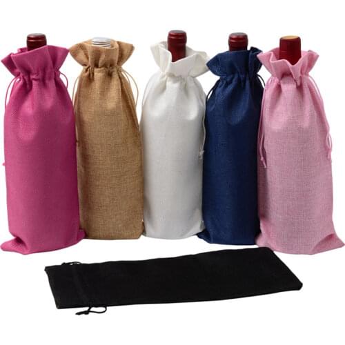 10Pc /Lot Linen Gift Bag Drawstring Pocket Wine Bottle Cover Birthday Festival Christmas Party Gift Bag 15x35cm