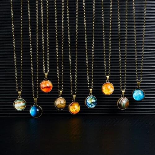 Fashion Double Side Glass Ball Necklace 8 Earth Planet Pattern Galaxy Astronomy Luminous Glow in the Dark Retro Pendant Necklace