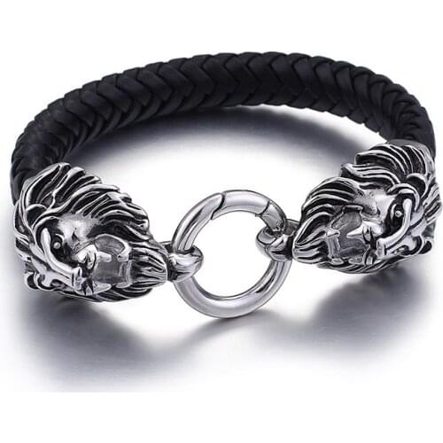 Mens leather rope bracelet Hipster braided bracelet Vintage lion leather hand rope