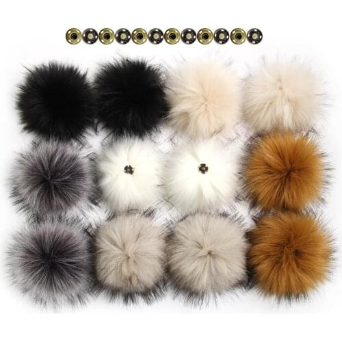 Pack of 12 Faux Raccoon Fur Pom poms 14CM/5.5inch with Press Snap Buttons for Beanie Hats Wholesale Hat Accessories