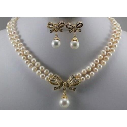 NEW natural freshwater6-7mm White Pearl & Shell Pearl Pendant Necklace Earring Set