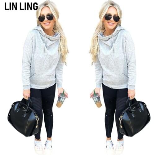 LINLING Solid Solid Casual Hoodie Long Sleeve Pocket Drawcord High Neck Loose Pullover Sweater Street Fashion
