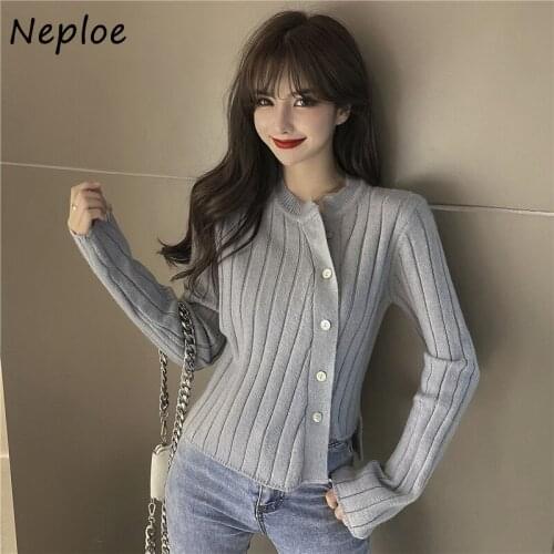 Neploe 2021 Autumn Womens Sweater Slim Long Sleeve Knit Cardigan Round Neck Solid Color Buttoned Womens Sweaters Jacket Top