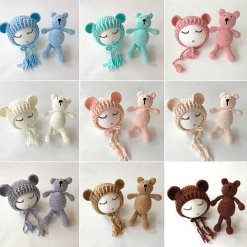 0-2Month Knitted Wool Winter Unisex Baby Hats Newborn Baby Bear Hat Set Girls Boys Photography Crochet Knit Costume