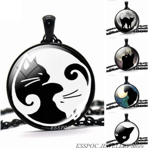 Yin Yang Cat Necklace Glass Dome Cabochon Jewelry Cute Animal Black Cat Pendant Women Fashion Birthday Gifts