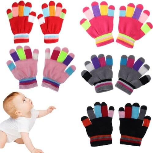 1 Pair Kids Gloves Full Finger Warm Winter Children Colorful Stripe Knitted Boys Girls Solid Glove Multi Color Elastic Q1FE