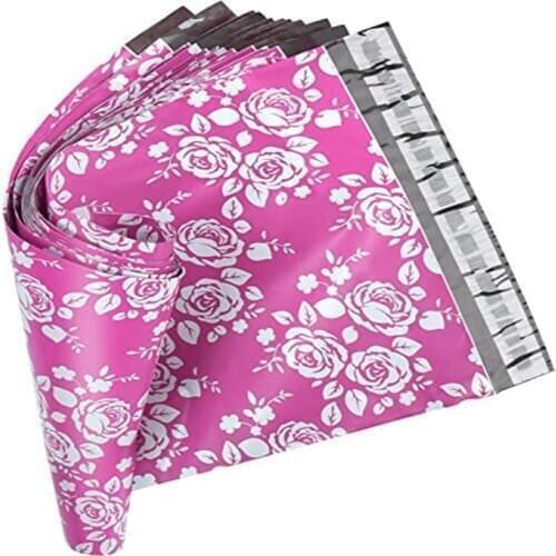 50Pcs Rose Floral Pattern Poly Mailers Envelope Plastic Custom Mailing & Shipping Express Bags Self Seal Pink/Puple 10*13inch