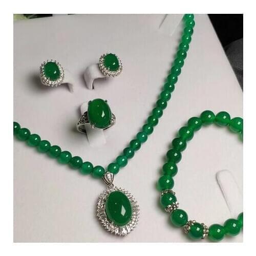 Natural Vintage 8MM Green Jade Gemstone Beads Necklace Bracelet Earrings Set