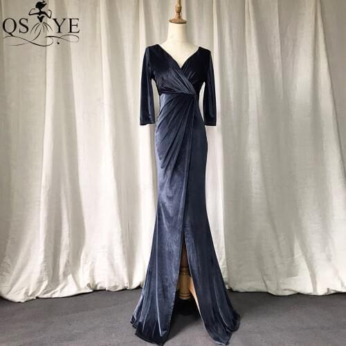 QSYYE Grey Evening Dress Long Sleeves Velvet Mermaid Evening Gown Sexy V Neck Party Dress Ruched Waist Tail Formal Dress