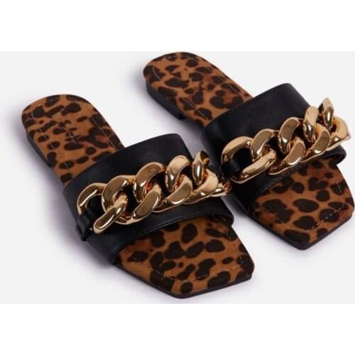 Female Slippers Metal Chain Square Toe Slip-on Slides Flat Casual Shoes Women Beach Slippers Open Toe One-strap Shoe