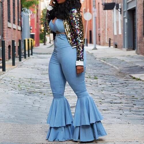 Sexy Ladies Night Club Party Outfits Plus Size Women Strapless Tube Top And Ruffle Flared Pants Women Two Piece Suit Set 2 Pc