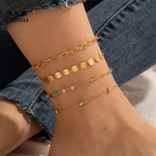 Tocona 4pcs/sets Colorful Beaded Anklets Charms Gold Wafer Alloy Metal Adjustable Foot Chain Boho Jewelry for Women 15949