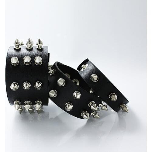 Sangsy Unique 1/2/3 Row Cuspidal Spikes Rivet Stud Wide Cuff Leather Punk Gothic Rock Unisex Bangle Bracelet Men Jewelry