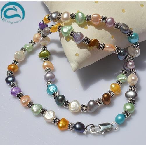 Unique Pearls jewellery Store Classic Multicolor AA7-8MM Natural Freshwater Pearl Tible Silver Beads Necklace 45cm Woman Jewelry