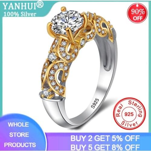 YANHUI Luxury Female 6MM Zirconia Diamond Ring Gold Texture Silver 925 Wedding Jewelry Promise Engagement Rings For Women R243