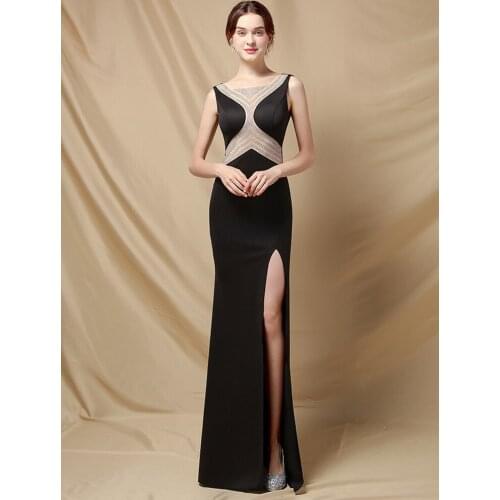 YIDINGZS Women See Through Crystal Formal Black Dress Party Maxi Dress Soft Satin V Neck Slit Evening Dress Long Prom Dress