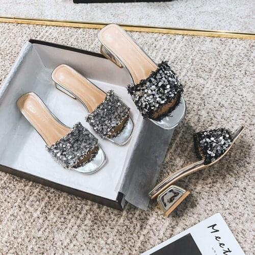 Bling bling chunky heel sandals women sequined cloth slippers metal med-high heels glitter sandalias mujer big size shiny mules