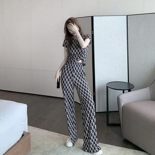 Women Suit Summer 2021 New Fashion O-Neck Pullover Print Full Length Elastic Waist 2 Piece Set Euro-America Style Office Lady