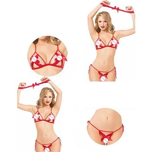 Womens Erotic Lingerie Sexy Bowknot Hollow Bra Open Bust Baby Doll Camisola + Strap G-String+Handcuffs Temptation 2017 Hot Sale
