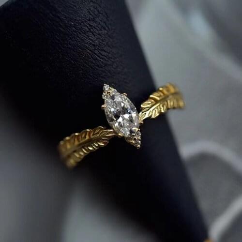 Trendy S925 Sterling Silver 4*6mm Marquise Diamond Feather Rings for Women Fine Jewelry Plated 18K Gold Engagement Ring Party