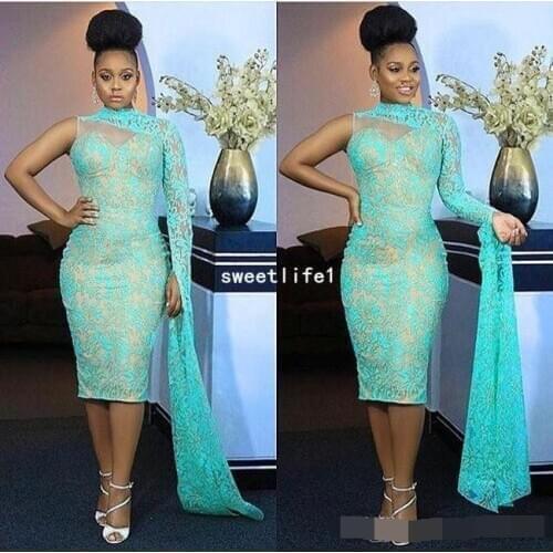 One Shoulder Nigeria Style Evening Dresses High Neck Lace robe de soiree Tea Length Mermaid Formal evening dress 2019 Prom Gown