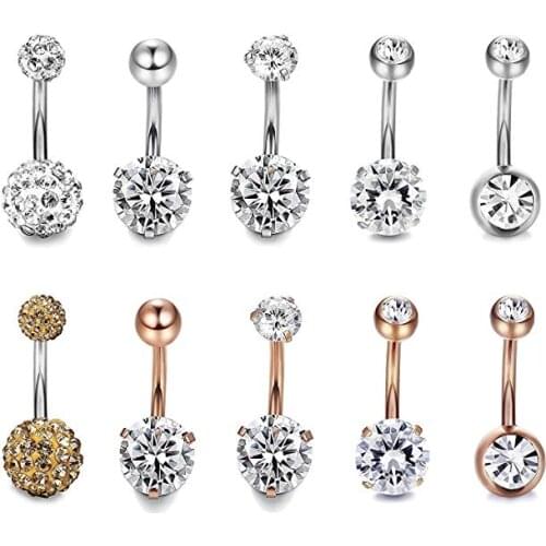 10pcs 14G Stainless Steel Belly Button Rings for Women Crystal CZ Ball Screw Navel Bars