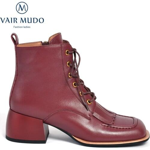 VAIR MUDO Ankle Boots Shoes Genuine Leather High Heels Square Toe Black Red Work & Safety Concise Boots Shoes Women WM-X173-C