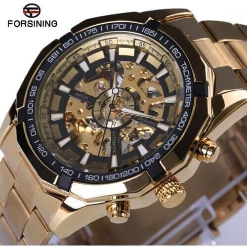 Forsining Mens Watches Top Brand Luxury Full Golden Men Automatic Skeleton Watch Mens Sport Watch Designer Fashion Casual Clock