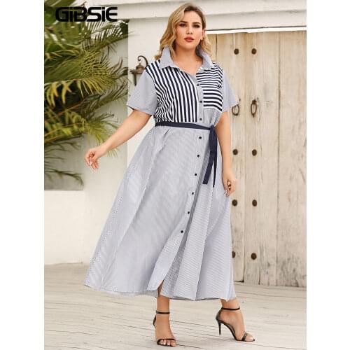GIBSIE Striped Color Block Belted Shirt Dress Women Summer Short Sleeve A-line Casual Dresses Plus Size Office Maxi Long Dress