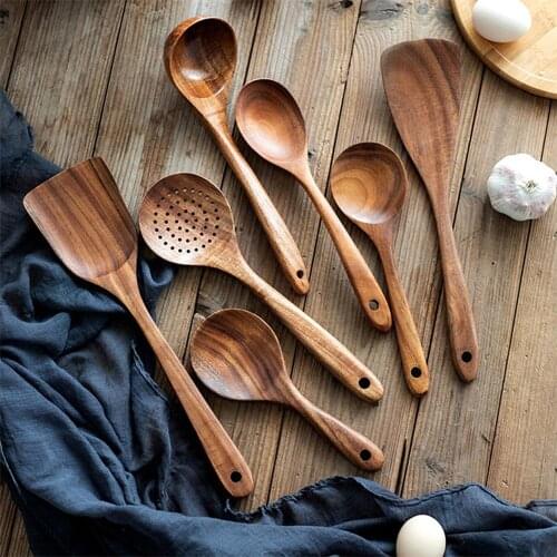 Thailand Teak Natural Wood Tableware Spoon Ladle Turner Long Rice Colander Soup Skimmer Cooking Spoons Scoop Kitchen Tool Set