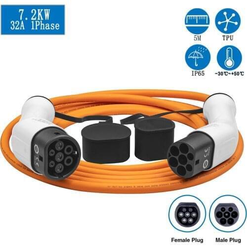 EV Charging Cable Orange 32A 7.2KW for Electric Vehicle Cord for Car Charger Station Type 2 Female to Male Plug,IEC 62196-2 5M