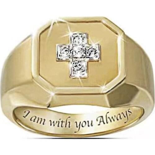 Golden Color Square Ring Inner Side Engraved Deco Cross Stone Setting For Men Christmas Gifts Big Size Jewelry