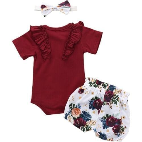 Summer Baby Girl Solid Color Top Newborn Kids Baby Girls Outfits Clothes Romper Bodysuit+Flower Printed Shorts+Headband Set