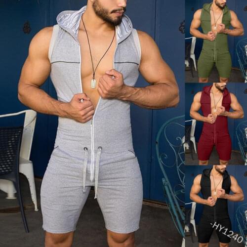 5XL Men Large Size Sexy Hooded Playsuit Sleeveless fitness bodybuilding Jumpsuit Zipper Open Male Fashion Solid onesies Bodysuit