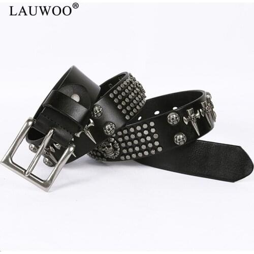 LAUWOO 2018 New Men Women Black Rivet Punk Rock first layer leather Belt Vintage Metal Waist Belt cowboy Geniune leather belt