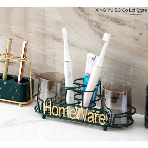 Nordic Clear Glass Mouthwash Cup Set Household Brushing Cup Wrought Iron Shelf Drain Storage Ornaments Bathroom Decoration