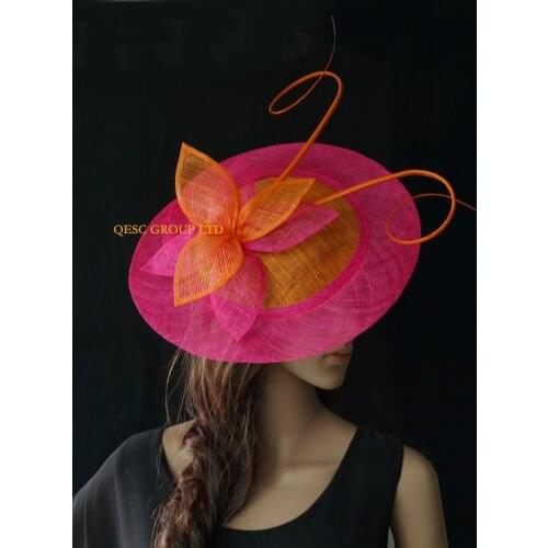 NEW Wholesale Orange fuchsia big Sinamay fascinator hats with long ostrich spine kentucky derby,wedding Womens hat party