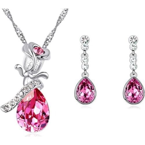 New Angel Drop Crystal Fashion Rose Pendant Necklace Charm Silver Color Beautiful Rose Jewelry Necklace Valentines Day Gift