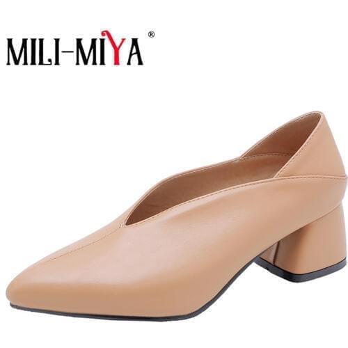MILI-MIYA New Arrival Casual Women Pumps Pu Leather Square Heels Pointed Toe Slip-On Casual Shoes Spring/Autumn Plus Size 34-48