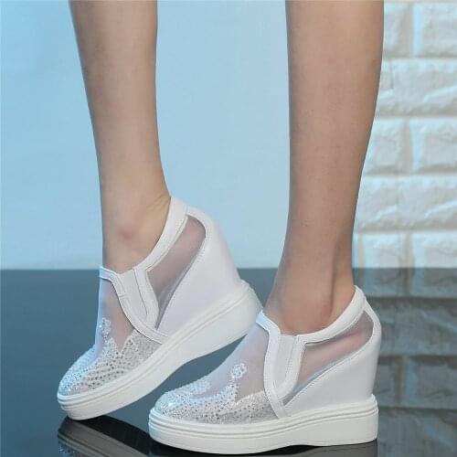 Rhinestones Shoes Women Genuine Leather Wedges High Heel Gladiator Sandals Female Breathable Lace Fashion Sneakers Casual Shoes