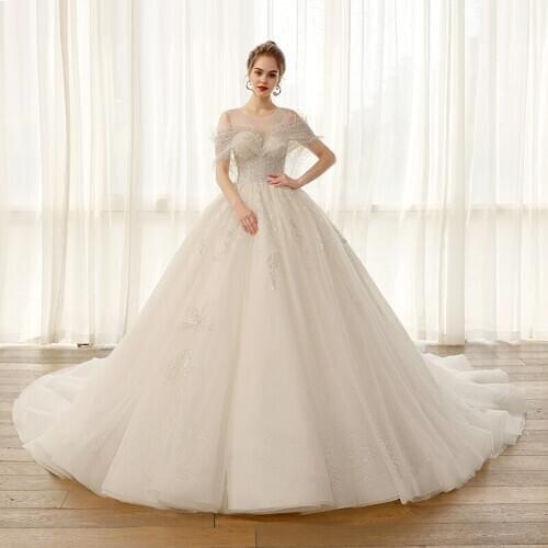 SL-8173 elegant luxury wedding dresses with sleeves heavy beading crystal sequins bridal ball gowns tulle plus size wedding gown