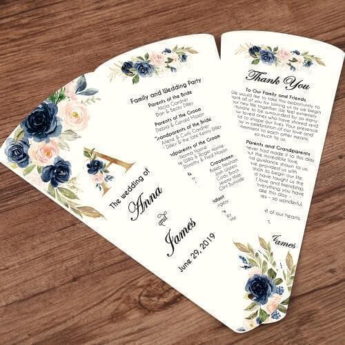 Wedding Program Petal Fans Assembled Single page printing,set of 50 blue Customized printed three pages