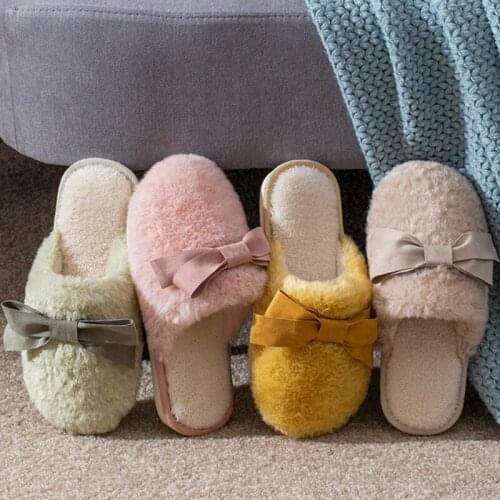2020 New Fashion Bow Warm Indoor Slippers Women Couple Winter Soft Stuffed Fluffy Shoes Cute House Bedroom Plush Slides For Girl
