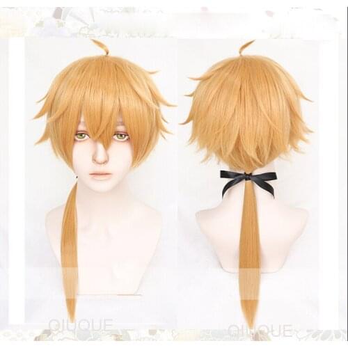 Tohma Cosplay Wig Game Genshin Impact Golden Ponytail Hair Peluca Anime Halloween Party Carnival Role Play Wigs + Wig Cap