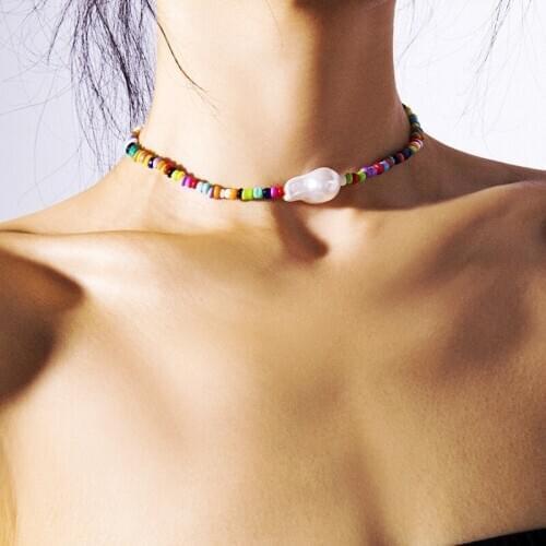 Vintage Bohemian Statement Freshwater Pearl Beads Chain Necklaces for Women Maxi Short Necklace Jewelry Handmade Colliers