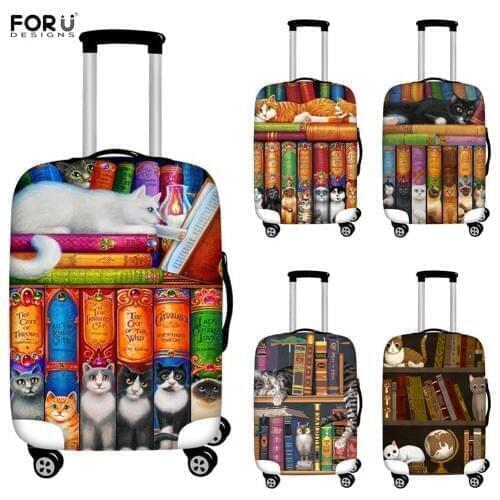FORUDESIGNS Luggage Protective Cover Suitcase Case Cute Cartoon Cats Bookshelf Travel Accessorie Elastic Luggage Cover 18-32inch