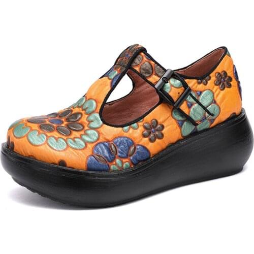 Womens Flowers Genuine Leather Round Toe T-strap Wedge High Heel Platform Shoes Creepers Oxfords Retro Girls New 2021