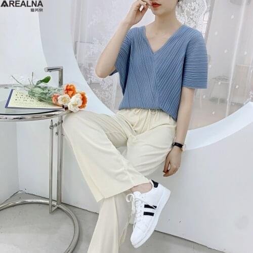 Korean summer Folds 2 Peice Set Women fashion short sleeve V-neck loose blue Female tops + Wide leg pants Suit casual Tracksuit