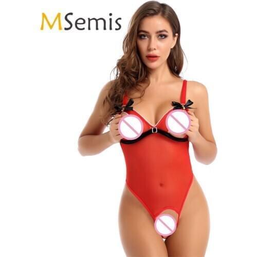 Womens Lingerie Crotchless Christmas Bodysuit Mesh Deep V Neck Shoulder Straps Sleeveless Open Cup High Leg Cut Sexy Costume